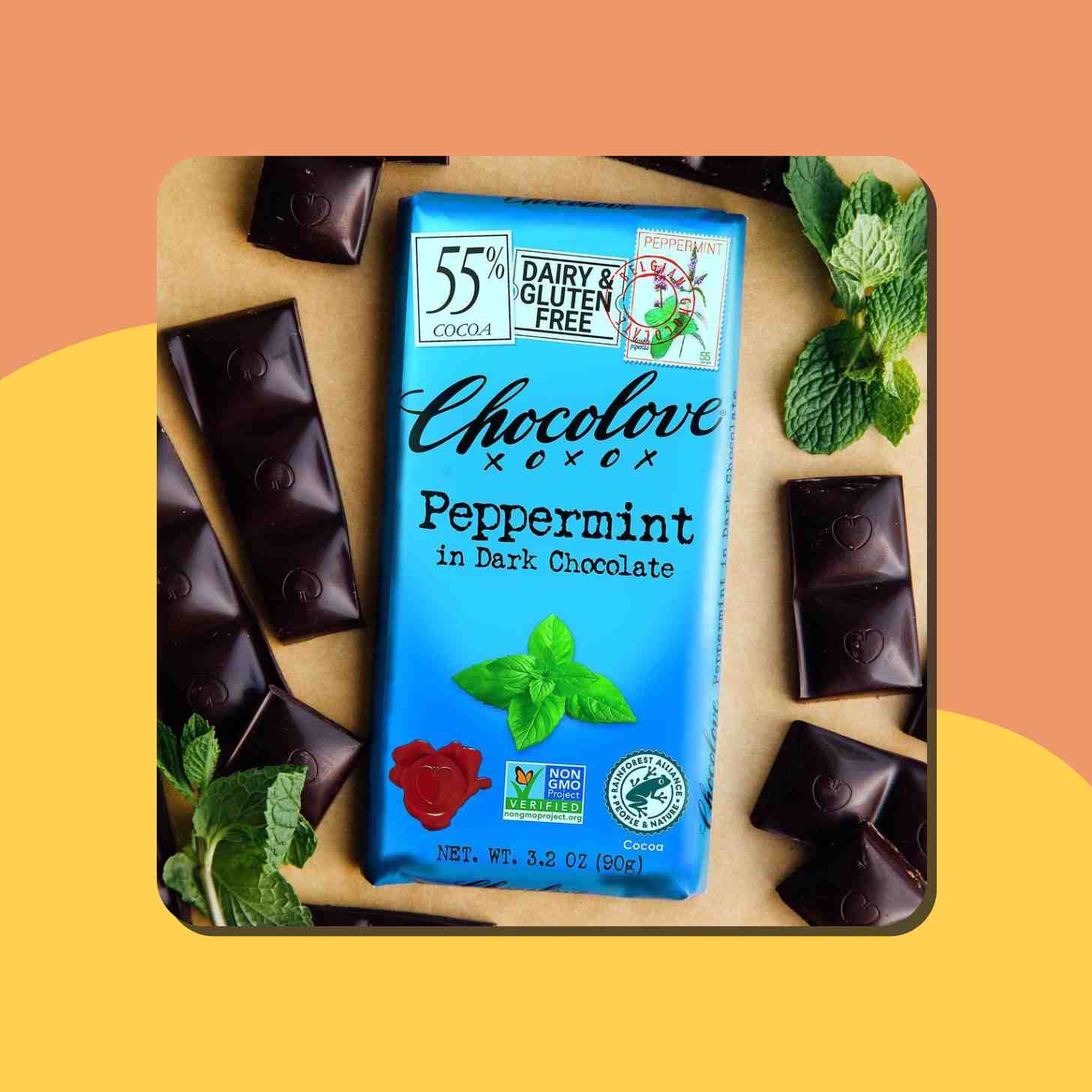 A Box Of Chocolove Peppermint Dark Chocolate Sorrounded By Chocolate