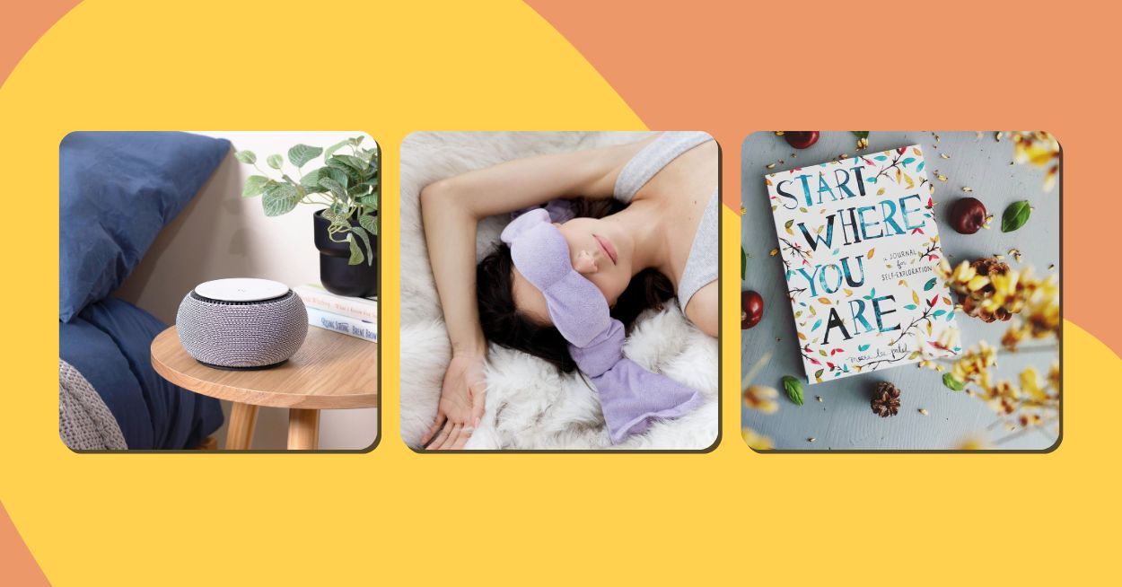 3 Of The Best Self-Care Gifts: A Soothing Noise Machine, A Nodpod Sleep Mask, The Book Start Where You Are By Meera Lee Patel