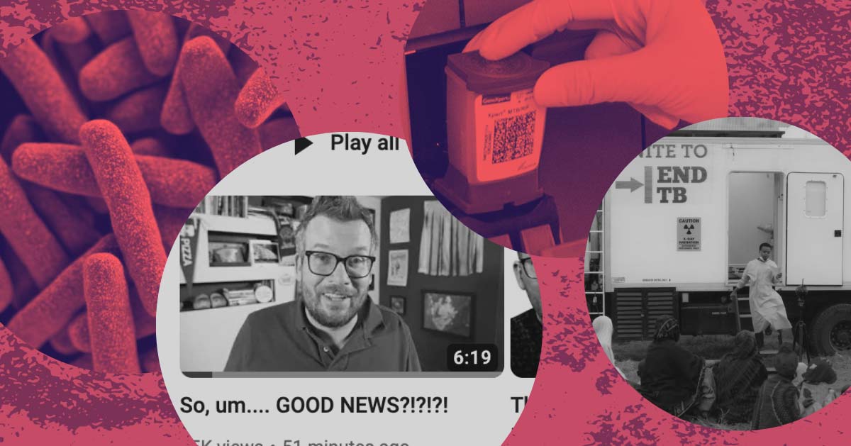 Editorial illustration collage of TB under microscope, Cepheid test cartridge, a TB health advocate, and a John Green video thumbnail with the words "good news"