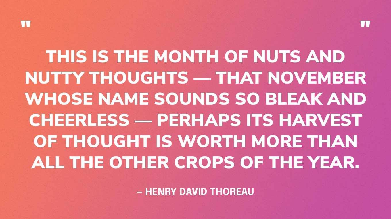 “This is the month of nuts and nutty thoughts — that November whose name sounds so bleak and cheerless — perhaps its harvest of thought is worth more than all the other crops of the year.” — Henry David Thoreau