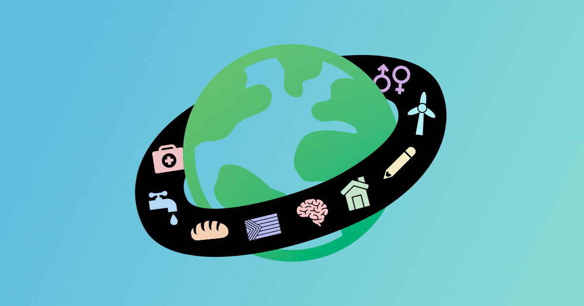 An illustration of Earth, surrounded by a ring of symbols: A first aid kit, a water faucet, bread, a flag, a brain, a house, a pencil, a plane, and gender symbols