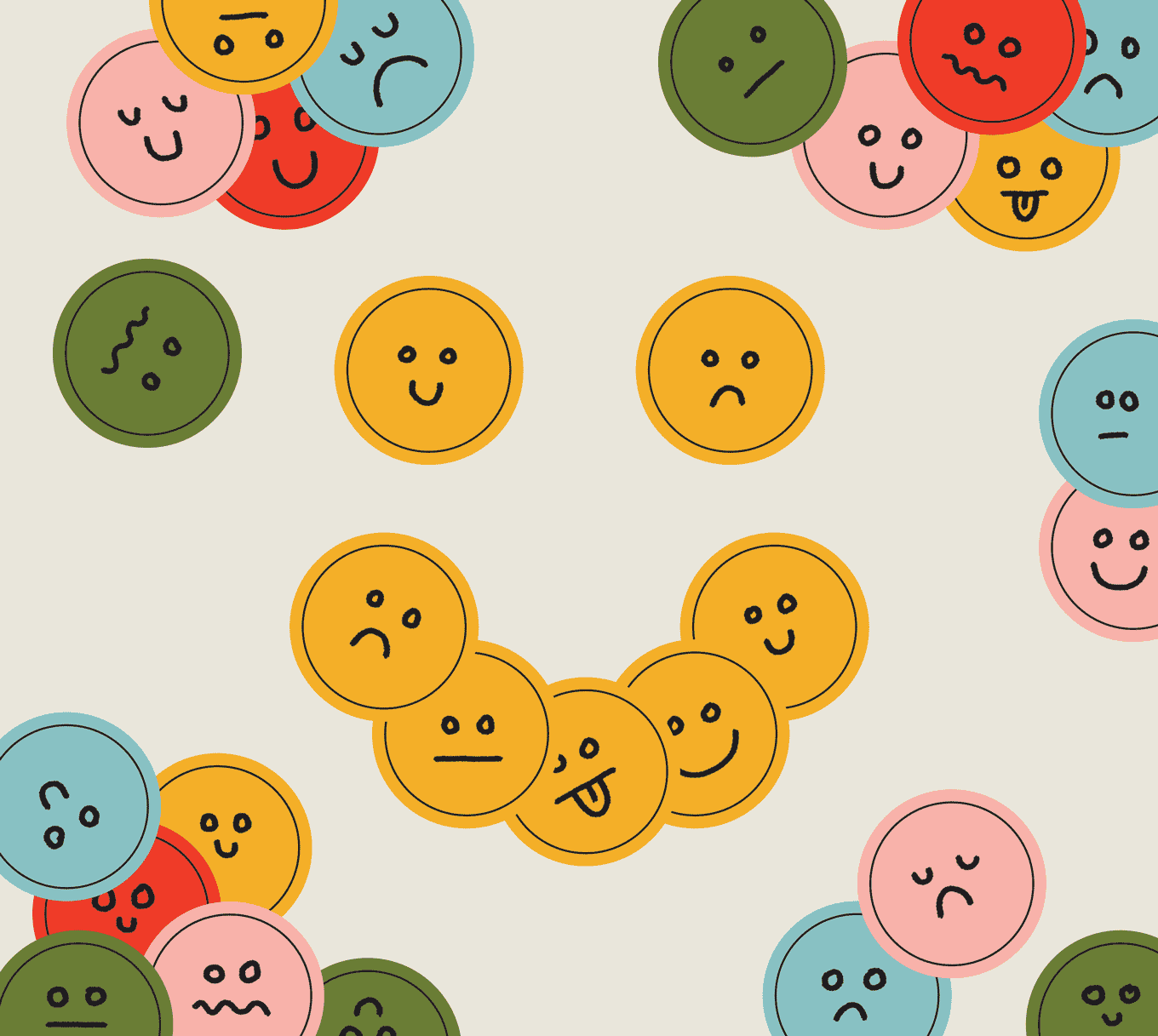 Big smiley face made up of lots of other faces of mixed emotions