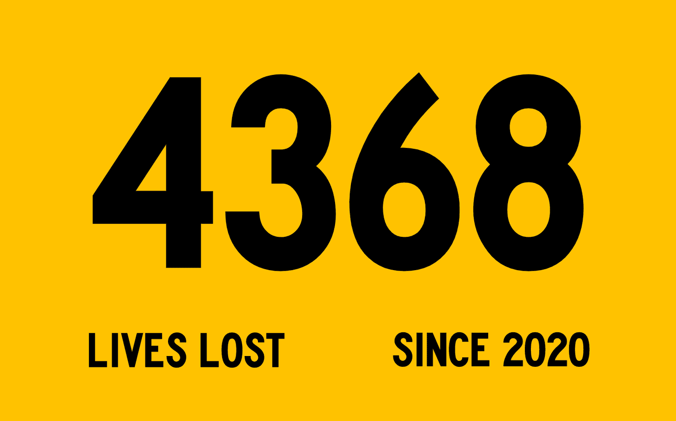 Black text reading '4368 Lives Lost Since 2020' on a yellow background