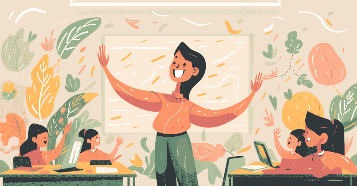 Colorful illustrated teacher happily teaching students