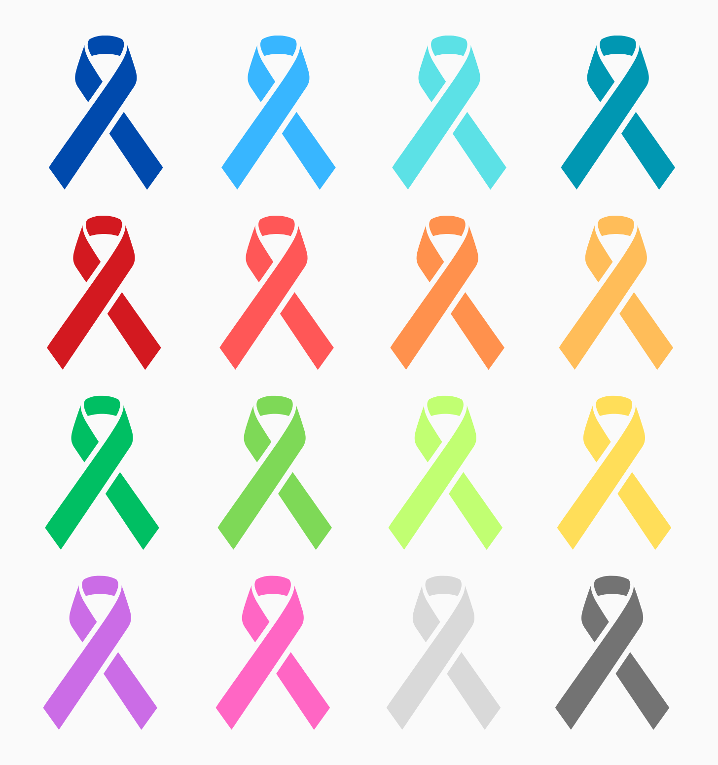 Blue, light blue, red, light red, orange, yellow, green, light green, yellow, purple, pink, gray, black, white awareness ribbons